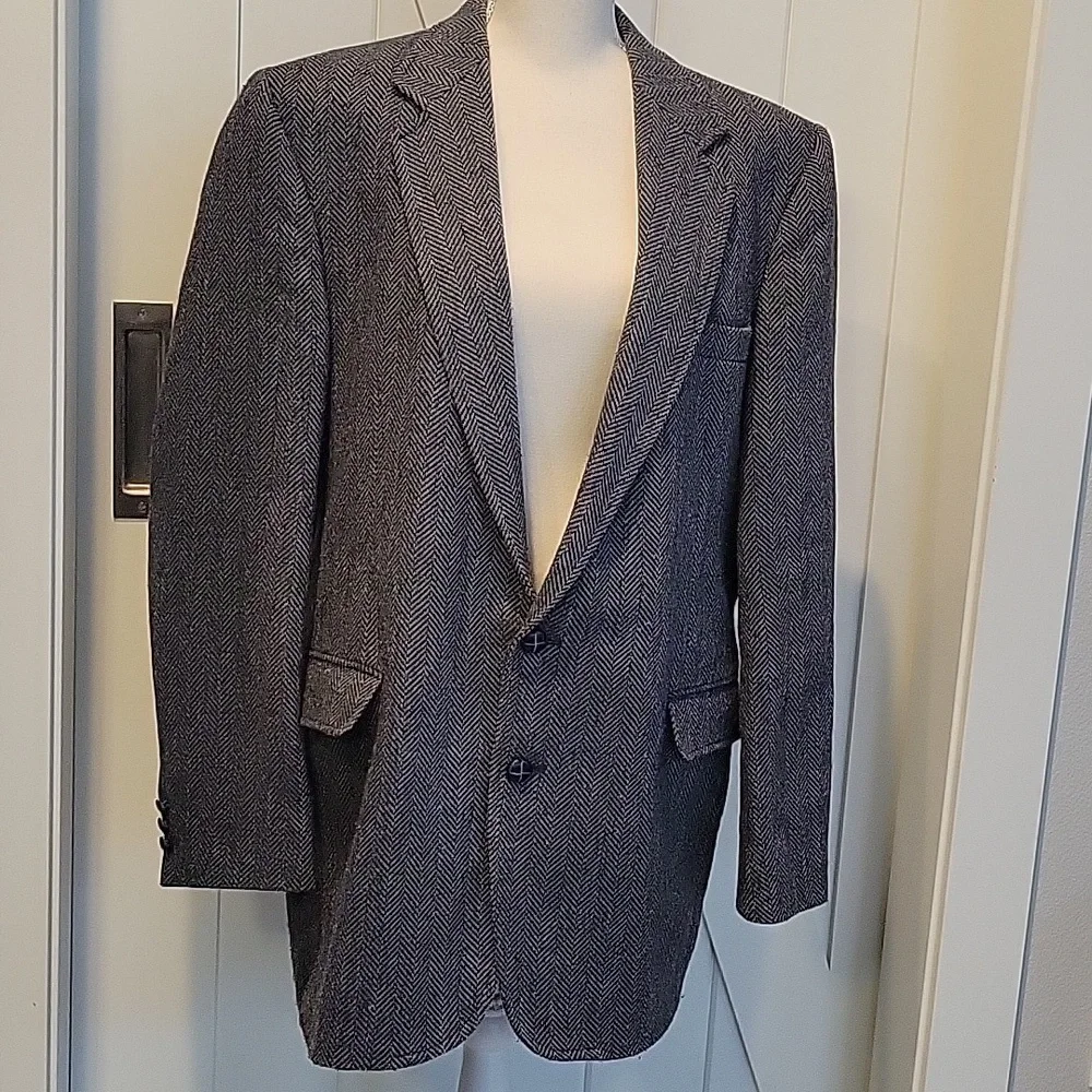 Vintage Haggar Wool Blend Chevron Herringbone Blazer Navy Blue